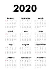 Vector Calendar on 2020 year. Week starts Sunday. 