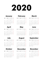 Vector Calendar on 2020 year. Week starts Monday. 