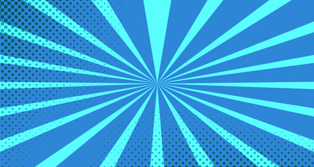 Vintage colorful comic book background. Blue blank bubbles of different shapes. Rays, radial, halftone, dotted effects. For sale banner for your designe 1960s. With copy space eps10.