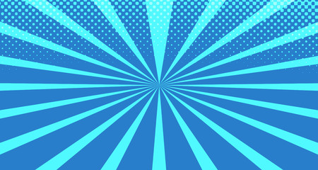 Vintage colorful comic book background. Blue blank bubbles of different shapes. Rays, radial, halftone, dotted effects. For sale banner for your designe 1960s. With copy space eps10.