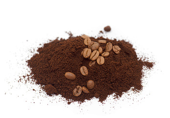 Coffee Powder, powdered Coffee, ground roasted Coffee isolated on white Background