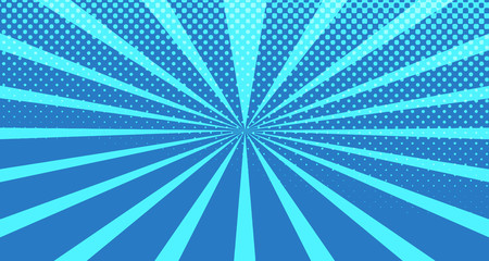 Vintage colorful comic book background. Blue blank bubbles of different shapes. Rays, radial, halftone, dotted effects. For sale banner for your designe 1960s. with copy space eps10