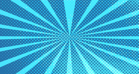 Vintage colorful comic book background. Blue blank bubbles of different shapes. Rays, radial, halftone, dotted effects. For sale banner for your designe 1960s. with copy space eps10