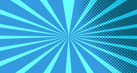 Vintage colorful comic book background. Blue blank bubbles of different shapes. Rays, radial, halftone, dotted effects. For sale banner for your designe 1960s. with copy space eps10