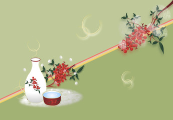 南天に雪景色と日本酒熱燗明るい背景