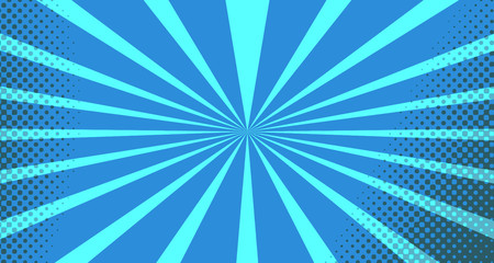 Vintage colorful comic book background. Blue blank bubbles of different shapes. Rays, radial, halftone, dotted effects. For sale banner for your designe 1960s. with copy space eps10