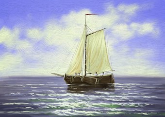 Fototapeta na wymiar Digital oil paintings landscape, sailing ship at sunset. Fine art