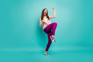 Full length body size view of her she nice attractive lovely cheerful ecstatic straight-haired girl...