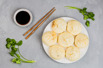 Close up of Chinese steamed dumplings on gray concrete background. Flat lay, top view, overhead, mockup, template. Asian food concept. Traditional food for Chinese New Year celebration