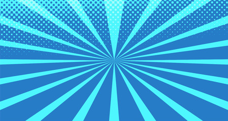 Vintage colorful comic book background. Blue blank bubbles of different shapes. Rays, radial, halftone, dotted effects. For sale banner for your designe 1960s. with copy space eps10
