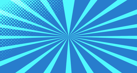 Vintage colorful comic book background. Blue blank bubbles of different shapes. Rays, radial, halftone, dotted effects. For sale banner for your designe 1960s. with copy space eps10