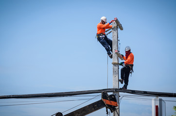 Electricians are climbing on electric poles to install and repair power lines.