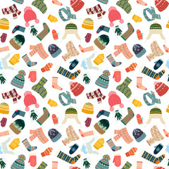 Seamless cozy pattern with warm clothes like hats,  socks and mittens, gloves, scarf on whiteback