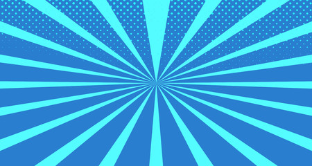 Vintage colorful comic book background. Blue blank bubbles of different shapes. Rays, radial, halftone, dotted effects. For sale banner for your designe 1960s. with copy space eps10