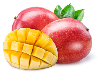 Mango fruits with mango cubes. Isolated on a white background.