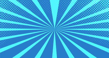 Vintage colorful comic book background. Blue blank bubbles of different shapes. Rays, radial, halftone, dotted effects. For sale banner for your designe 1960s. with copy space eps10