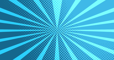 Vintage colorful comic book background. Blue blank bubbles of different shapes. Rays, radial, halftone, dotted effects. For sale banner for your designe 1960s. with copy space eps10