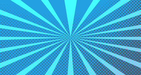 Obraz premium Vintage colorful comic book background. Blue blank bubbles of different shapes. Rays, radial, halftone, dotted effects. For sale banner for your designe 1960s. with copy space eps10