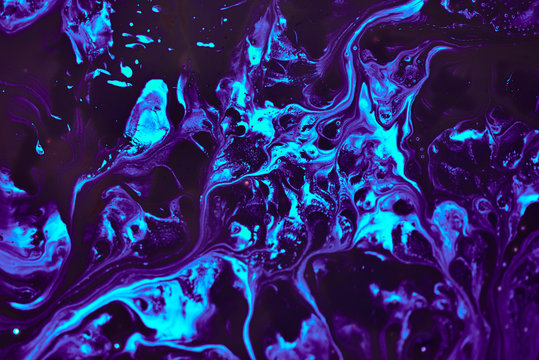 Abstract liquid violet blue colors outer space background. Exoplanet cosmic sea pattern, paint stains