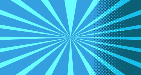 Vintage colorful comic book background. Blue blank bubbles of different shapes. Rays, radial, halftone, dotted effects. For sale banner for your designe 1960s. with copy space eps10