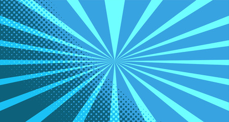 Vintage colorful comic book background. Blue blank bubbles of different shapes. Rays, radial, halftone, dotted effects. For sale banner for your designe 1960s. with copy space eps10