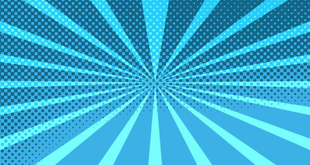 Vintage colorful comic book background. Blue blank bubbles of different shapes. Rays, radial, halftone, dotted effects. For sale banner for your designe 1960s. with copy space eps10