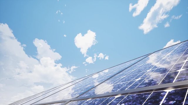 Colorful panoramic landscape: solar power plants.  (4K UHD, computer digitally generated animation.)