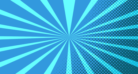 Obraz premium Vintage colorful comic book background. Blue blank bubbles of different shapes. Rays, radial, halftone, dotted effects. For sale banner for your designe 1960s. with copy space eps10