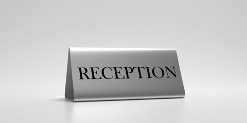 Reception text sign isolated against white background. 3d illustration