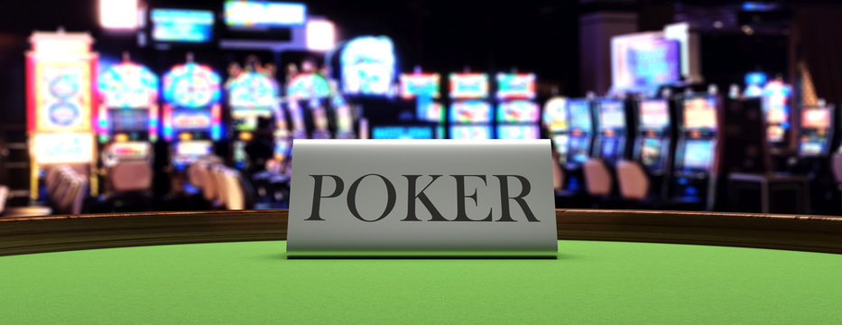 Poker metal sign on a casino table, blur slot machines background. 3d illustration