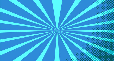 Vintage colorful comic book background. Blue blank bubbles of different shapes. Rays, radial, halftone, dotted effects. For sale banner for your designe 1960s. with copy space eps10