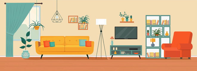 Living room interior. Comfortable sofa, TV,  window, chair and house plants. Vector flat illustration