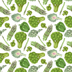 Seamless pattern with broccoli, asparagus, artichoke and green bell pepper, hand drawn on a white background