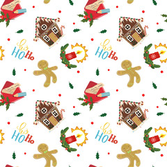 Seamless cute Christmas pattern with some holly elements, funny letters to Santa, gingerbreads,  hohoho and candles white background