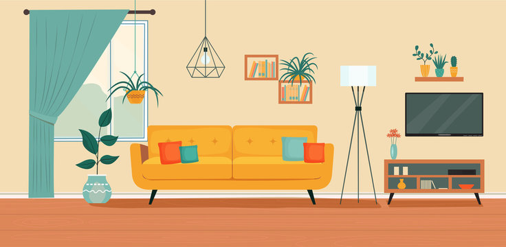 Comfortable sofa, TV,  window and house plants. Vector flat illustration