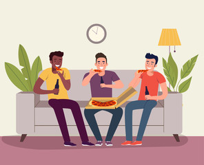 Men watching soccer on the TV with beer and pizza. Vector flat style illustration