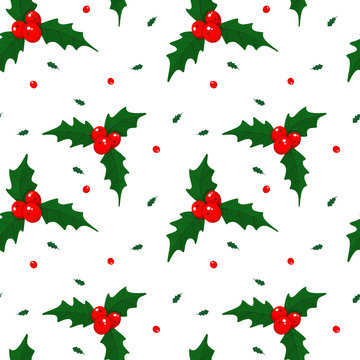 Seamless minimalist Christmas pattern with holly leather and berries on white background