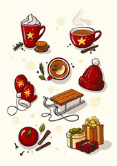 Collection of beautiful decorations for Christmas. Set of holiday ornaments. Figures of cups with tea, coffee, cookie, winter hat, gloves, sled, gifts Colored vector illustration in flat cartoon style - obrazy, fototapety, plakaty
