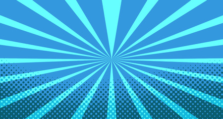 Vintage colorful comic book background. Blue blank bubbles of different shapes. Rays, radial, halftone, dotted effects. For sale banner for your designe 1960s. with copy space eps10