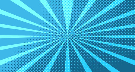 Vintage colorful comic book background. Blue blank bubbles of different shapes. Rays, radial, halftone, dotted effects. For sale banner for your designe 1960s. with copy space eps10