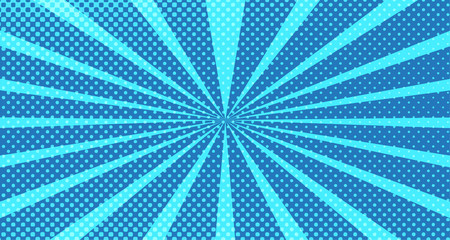 Vintage colorful comic book background. Blue blank bubbles of different shapes. Rays, radial, halftone, dotted effects. For sale banner for your designe 1960s. with copy space eps10