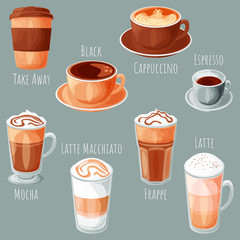 Coffee types cartoon style vector illustrations set, isolated realistic colorful coffee icons.
