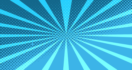 Vintage colorful comic book background. Blue blank bubbles of different shapes. Rays, radial, halftone, dotted effects. For sale banner for your designe 1960s. with copy space eps10