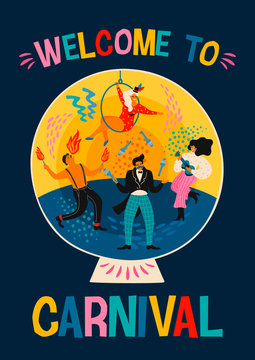 Carnival. Vector illustration with funny men and women in bright modern costumes.