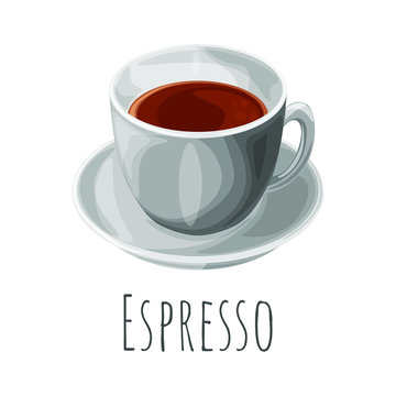 Espresso coffee cartoon style vector illustration, isolated realistic colorful coffee icon.