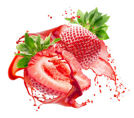 strawberries in juice splash isolated on a white background - 305943861