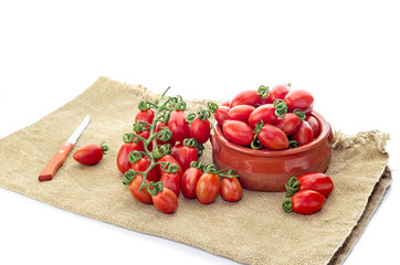 The cherry tomatoes on a white background