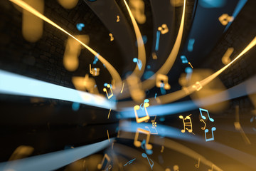Music notes with dark background, floating notes, 3d rendering. - obrazy, fototapety, plakaty