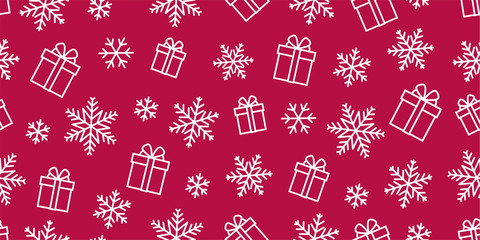 Seamless vector pattern with gift boxes and snowflakes single line icon illustrations