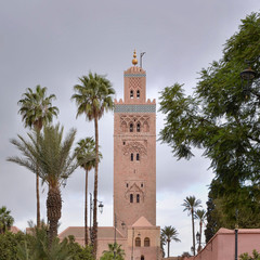 Fototapeta na wymiar Koutoubia Mosque on a cloudy day in autumn, Marrackech, Morocco